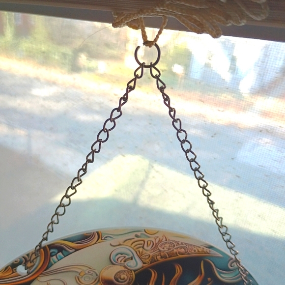 Moon and Sun Ying Yang style Glass Painted  Hanging Artwork w Chain - Picture 3 of 9